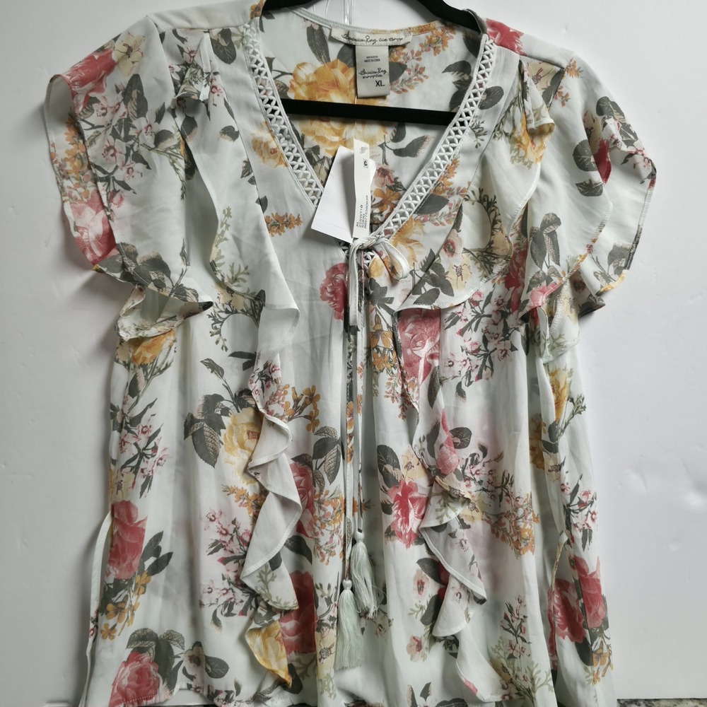 American Rag Cie Floral Blouse XL Ruffle Flutter Sleeve V-Neck Boho Tassel Top
